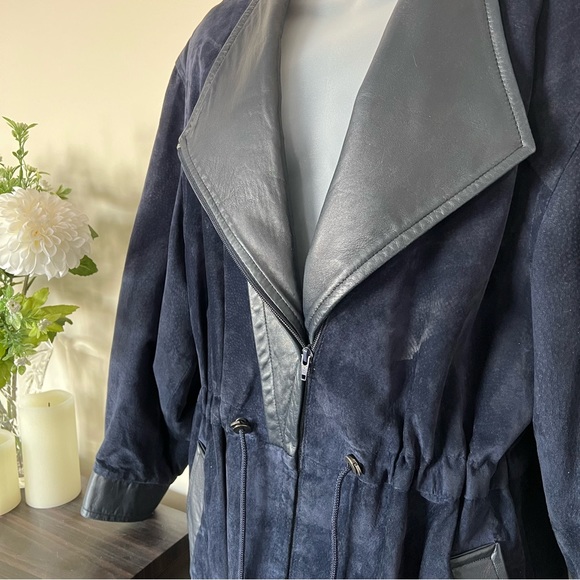 Lg navy leather and suede Danielle batwing heavy fall jacket - Picture 3 of 9